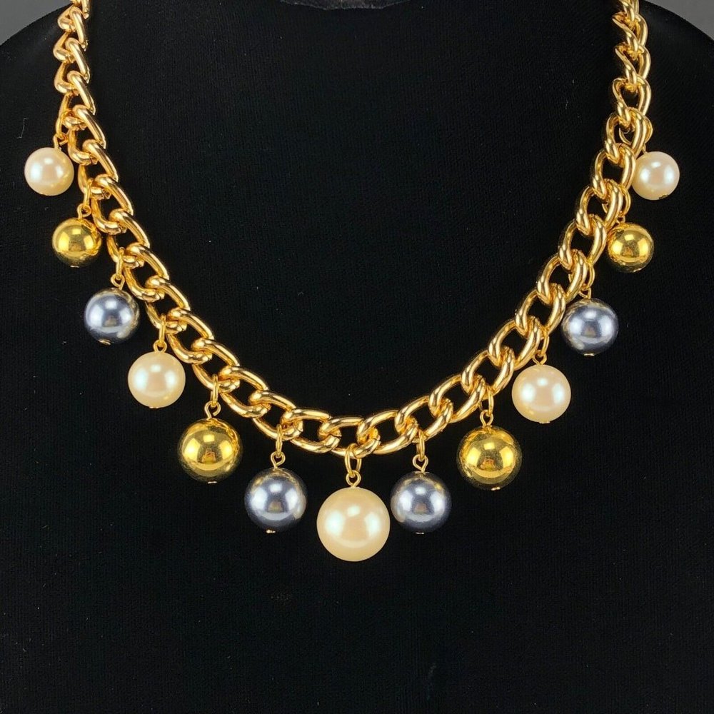 Necklace Faux Pearl Heavy Chain Gold Tone